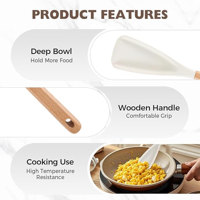 Multi-function Spatula Spoon, 2025 New Cooking Spoon for Nonstick Cookwares, Silicone Cooking Utensils for Kitchen Gadgets,Wood Handle Spoon for Mixing, Scoop, and Scrape (White)