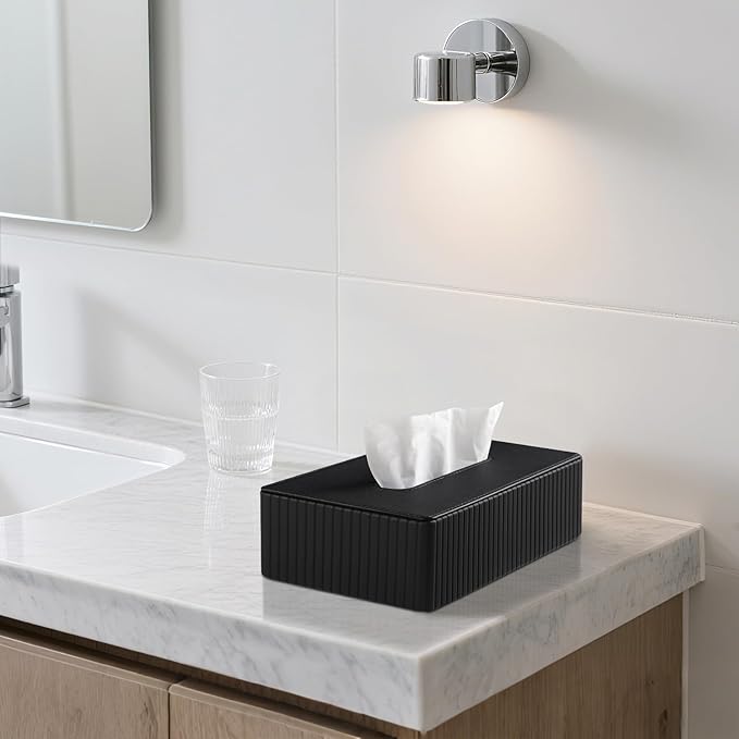 PU Leather Short Tissue Box Cover Rectangle, Small Tissue Box Holder with Magnetic Closure, Decorative Rectangular Tissue Holder for Bathroom Car Office (Black)