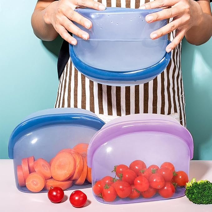 3 Pcs Reusable Silicone sealed Food Storage Bags, Multi-Role Food Storage Bags, Leak Proof, Freezer Safe, Microwave Safe, Dishwasher Safe, Eco-friendly