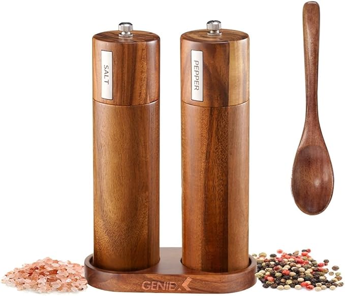 KING Acacia Salt Pepper Wood Grinders, Wooden Salt and Pepper Grinder Set, Refillable and Adjustable, 8" Tall Manual Salt Pepper Grinder Mill 2pcs, Cool House Warming Gift and Home Gifts