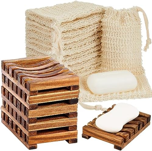 Umigy 40 Pcs Soap Bag Holder Kit, Sisal Mesh Bamboo Tray, Beige, Charcoal by Umigy