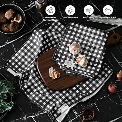 RECYCO Waffle Kitchen Towel Set of 2 - Quick Dry Microfiber Sustainable Dish Towels - Ultra Absorbent Reusable Cleaning Tea Towels - Lightweight Hand Towels,16”x 28”, Iron Black Plaid - Image 2