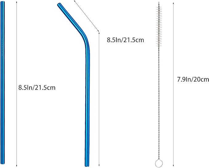 10 Pcs Stainless Steel Straws, Reusable Drinking Straws, 5 Straight + 5 Bent Metal Straws Set With 2 Pcs Cleaning Brushes (Blue, 8.5 Inch)