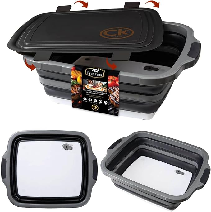New LARGE Collapsible BBQ Prep Tub /LOCKING Lid, Cutting Board & Drain Hole | BPA-Free, Food-Grade, Recyclable, Space-Saving Buckets for Grilling, Camping, Kitchen & Outdoor Cooking (Black, 8 Liters)