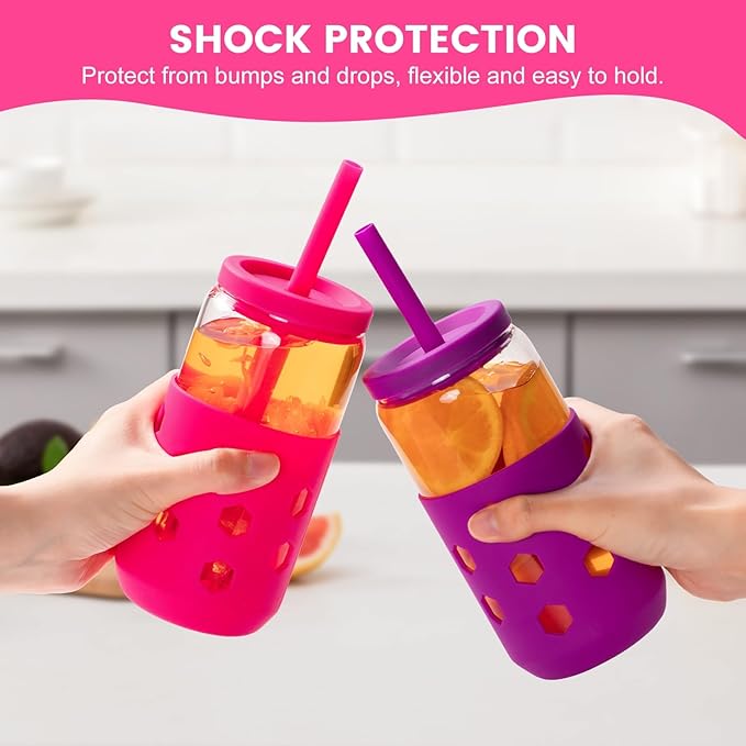 Glass Cups with Lids and Straws (4 Pcs), 16oz Drinking Glasses Set with Silicone Sleeves for Coffee Bar Accessories Iced Coffee Cups with Lids, Glass Tumbler Reusable for Gifts