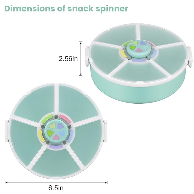 Snack Rotator Container Reusable Snack Box with 5 Compartment Dispenser and Lid, Color Matching Opening Lid, BPA and PVC Free, for Home, School, Travel (2 Pack- Green)