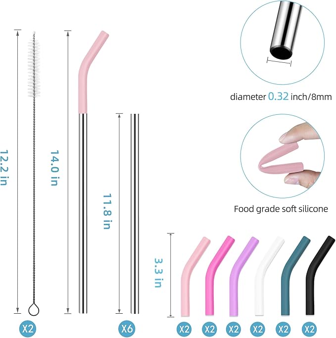 40 oz Stainless Metal Straws for 40 oz Stanley Tumbler, 6Pcs Reusable Straight Long Steel Straws with 12 Silicone Tips and 2 Straw Cleaning Brushes(6Color2, 40oz)