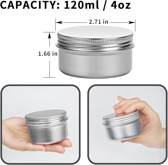 24 Pack 4 oz Aluminum Balm Tins For Pill Storage, Jar Containers with Screw Thread Lid for Lip Balm, Cosmetic, Salve, Aluminum Tin Cans Containers for Candle Making