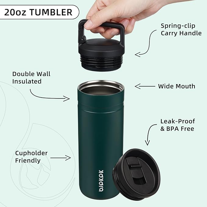 BJPKPK Insulated Water Bottle with 2 Lids,20 oz Double Wall Stainless Steel Vacuum Tumbler Travel Coffee Mug,Wide Mouth Thermal Cup,Dark Green