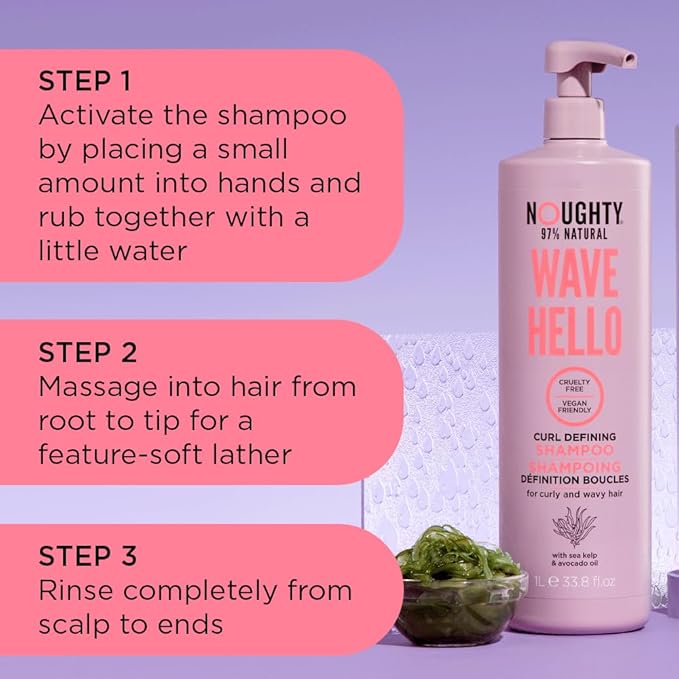 Noughty Wave Hello Curl Defining Large Shampoo (33.8fl.oz), Vitamin Rich Formula for Curly and Wavy Hair, 97% Natural Bulk Shampoo 33.8 oz, Sulfate Free, Vegan