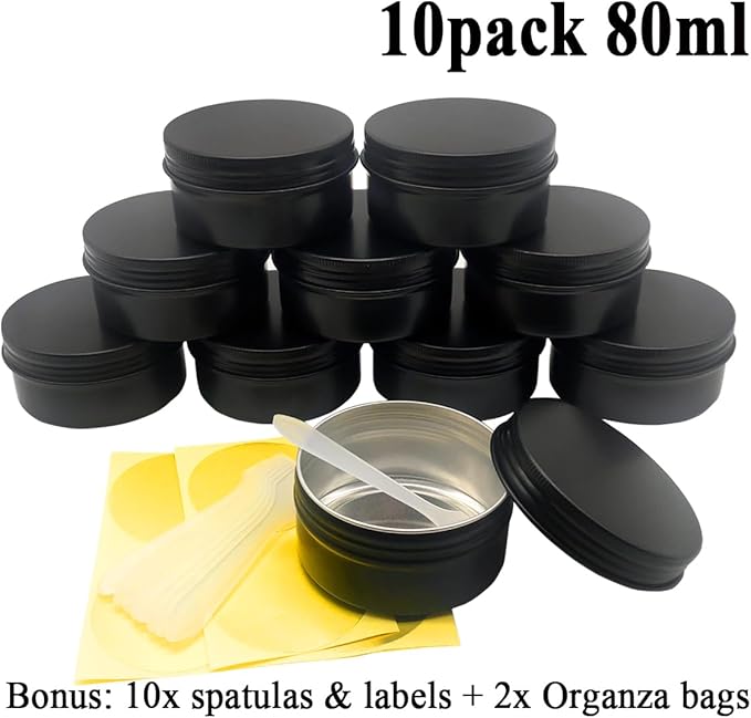 10pack 80ml Aluminum Tin, 80 Gram Black Empty Travel Cosmetic Sample Containers with Screw Cap Lid, 80g Metal Tins Can Storage Travel Jars for DIY Crafts, Lip Balms, Face Cream, Candle, Tea