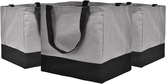 3 Pack Canvas Reusable Grocery Bags Heavy Duty, 8.3 gal Foldable Large Tote Bag with Handles, Holds 60 lbs Canvas Shopping Bags & Washable Eco-friendly Bags with 5 Pockets, Grey+Black