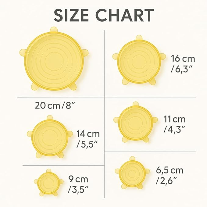 Reusable Silicone Stretch Lids | 6 Pack Food Storage Covers for Bowls, Containers & Cups | Airtight, Leakproof, BPA-Free, Microwave & Freezer Safe | Flexible Reusable Food Savers Yellow