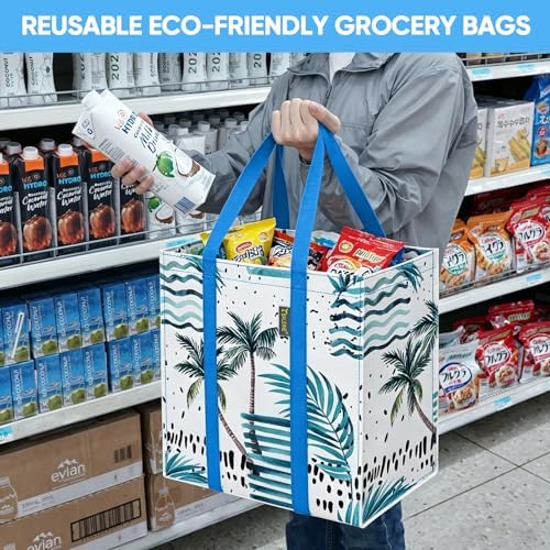 BALEINE 4 PK Grocery Bags Reusable Shopping Bags with Reinforced Bottom, Heavy Duty Foldable Tote Bags (Island Breeze) - Image 6