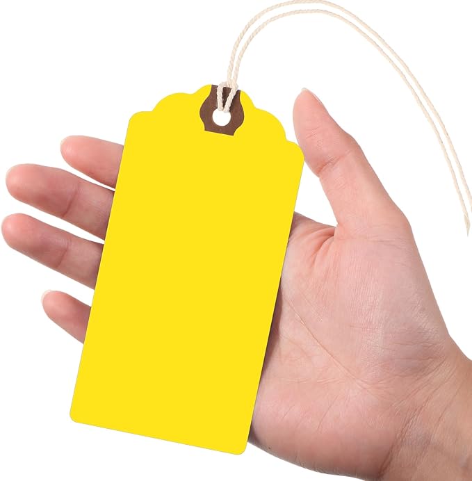 Outus 60 Pcs 4 3/4-in x 2 3/8-in Blank Large Paper Gift Tags with String and Reinforced Eyelet Wire Writable Price Tags Shipping Labels Inventory Labels(Yellow)