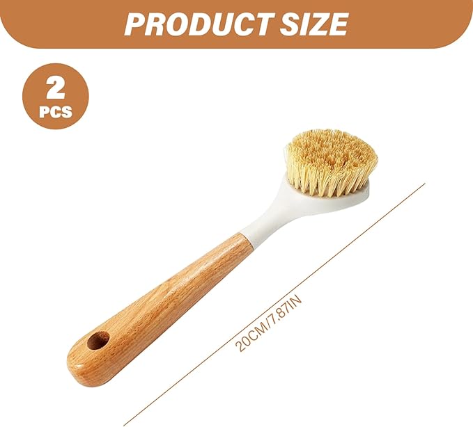 2Pcs Dish Brush with Handle Nylon Scrub Brush with Wooden Handle Hanging Hole Cleaning for Dishes Pots Cast Iron Skillet