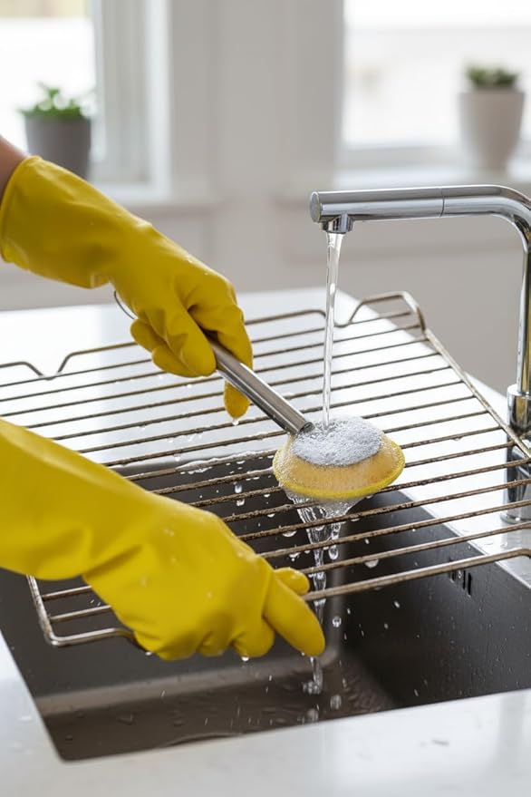 Kitchen Scrub Brush with Handle, Non-Scratch Cleaning Brush for Wok, Cast Iron, Pans, Oven Racks, Air Fryer, Mason Jars, Food Porcessors - Long Handle Model