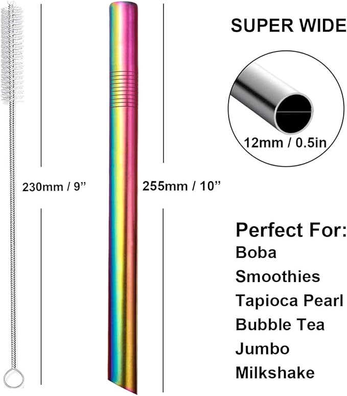 Reusable Boba Straws Smoothie Straws Metal Stainless Steel Straws Angled Tips Fat 0.5" Wide for Jumbo Bubble Tea Milkshakes Milk Tea Tapioca Pearl With Silicone Tips Carry Bag Cleaning Brush 2 Pcs 10"