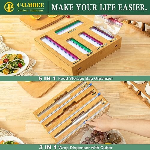Calmbee 9 in 1 Bamboo Storage Bag Organizer for Kitchen Drawer – Plastic Wrap Dispenser with Cutter & Foil Organizer, Wooden Baggie Organizer for Sandwich, Snack, Gallon, Quart Sizes, Natural - Image 5