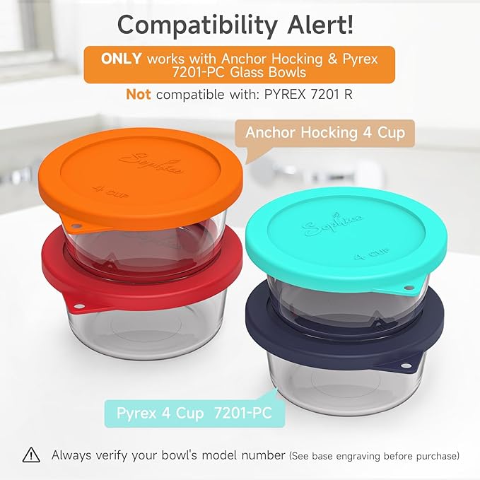 Sophico 4 Cup Round Silicone Storage Cover Lids Replacement for Anchor Hocking and Pyrex 7201-PC Glass Bowls (Container not Included) (Mix) 4 Pack