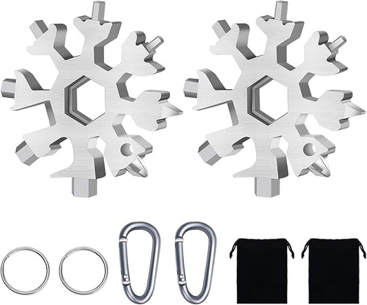 FZENeast Snowflake Multitool, 2 Piece 18-in-1 Stainless Steel Snowflake Standard Multitool, Snowflake Wrench with Key Ring, Carabiner Clip and Gift Bag (Silver)