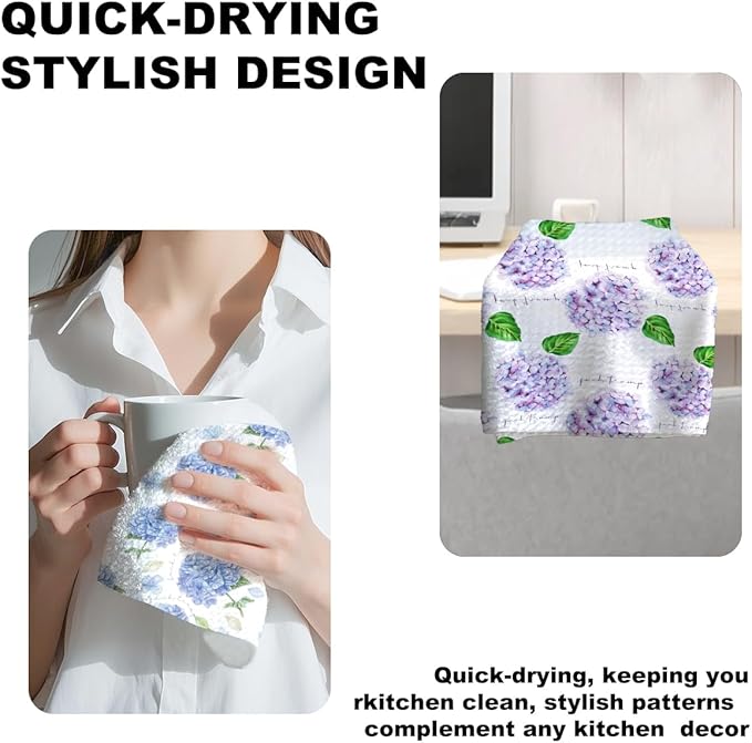 Jztco 2Pcs Hydrangea Spring Kitchen Towels 24x14 Inch, Hydrangea Waffle Hand Towels for Kitchen Home Decor, Absorbent Microfiber Dish Cloth Tea Towel, Floral Housewarming Gifts for Women Mom