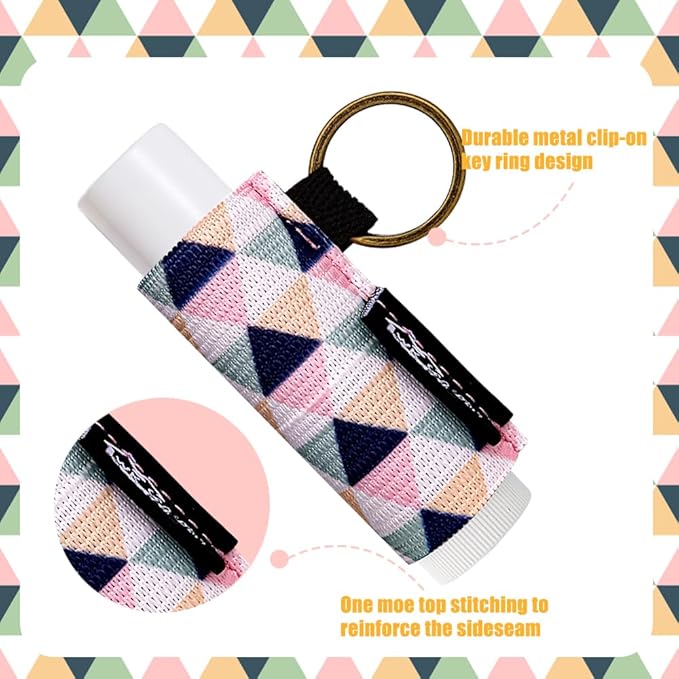 WK IEASON 6PCS Lip Balm Holder Bulk Lipstick Holder Key chain Lip Gloss Sleeve Keychain -Tight Elastic Holder Sleeve for Fat and Slim Lip Balms & Gloss and Lip Sticker(Geometric Strap set)