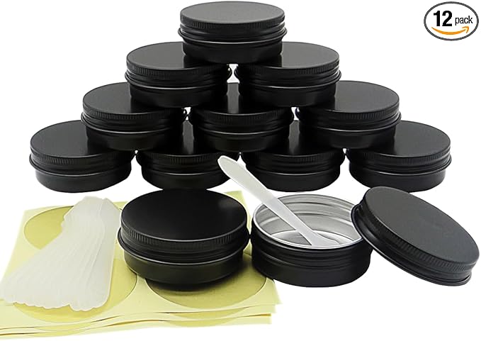 12pcs 1oz 30 ml Aluminum Tin Jar, 30g Refillable Makeup Container, 30 Gram Black Screw Lid Round Can Sample Pot for Cosmetic DIY, Handmade, Lip Balm, Cream, Salve, Toner, Candle, Paint, Scrub