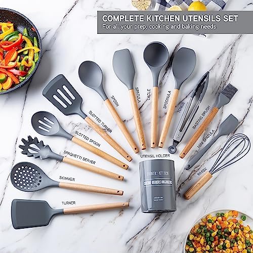 Country Kitchen Non Stick Silicone Utensil Set with Rounded Wood Handles for Cooking and Baking, 14 Piece Set, Gray - Image 2