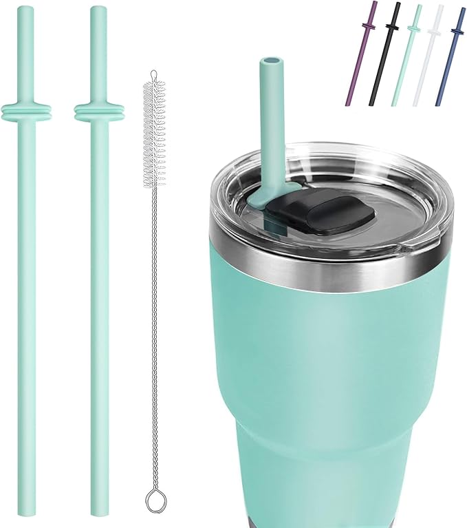 Silicone Straw for Yeti Rambler, 2PCS Reusable Straws & 1 Cleaning Brush for Yeti 30/20 oz Tumbler with Magslider Lid, Adjustable Drinking Straws Accessories Patent Pending (Seafoam)