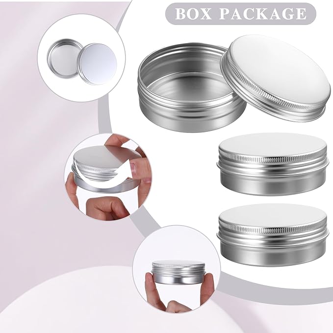 60 Pack 2 OZ Metal Round Tins, Aluminum Tin Cans Containers with Screw Lid for Lotion Bars, Balms, Salve, Spices or Beard Balm