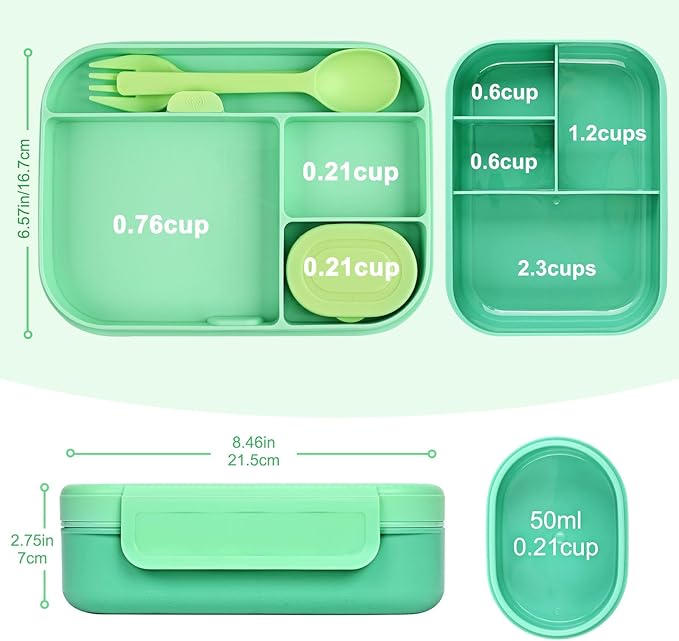 Caperci Bento Lunch Box for Kids - 5.8 Cups Stackable Leakproof Bento Box Adult Lunch Box with Sauce Container - Idea for School, On-the-go, Built-in Utensil Set, BPA Free (Green)
