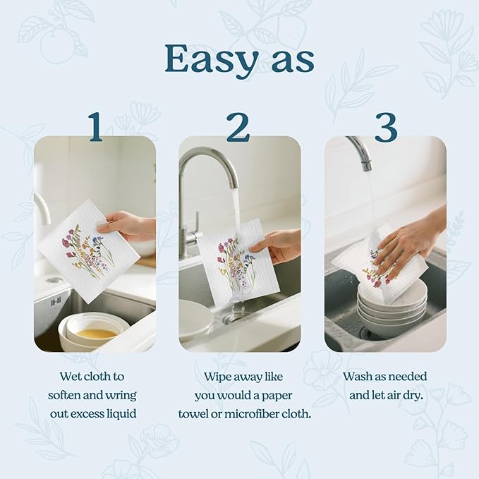 Swedish Dishcloths for Kitchen, Summer Floral Dish Rags Flower Kitchen Dish Towels for Washing Dishes, 4 Pack Reusable Paper Towels, Sponge Cloths for Home Cleaning Cooking Baking