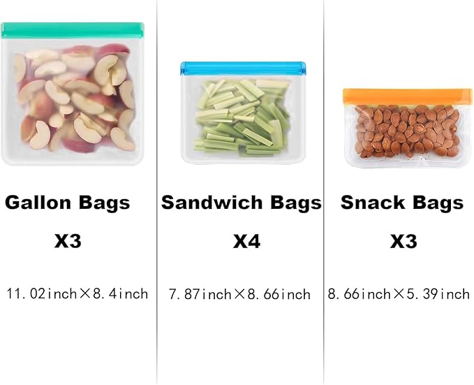 10 Pack Dishwasher reusable bags Silicone,BPA Free, Leakproof Freezer Bags, reusable silicone bags for Lunch Marinate Food Travel - 3 Gallon 4 Sandwich 3 Snack Bags