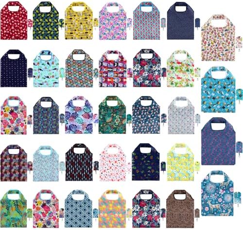 Shappy 34 Pcs Reusable Floral Grocery Bags Foldable Nylon Tote Bags Washable Shopping Bags Extra Large Cute Flower Reusable Bags with Attached Pouch for Women Grocery Shopping Supplies by Shappy