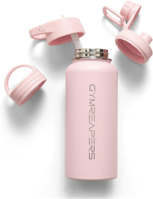 Gymreapers Insulated Water Bottle - Stainless Steel 32 Oz, 3 lids (Straw, Chug, Canteen), Double Walled Vacuum Insulation, Thermo Mug Cold Hot - Durable Powder Coated Finish