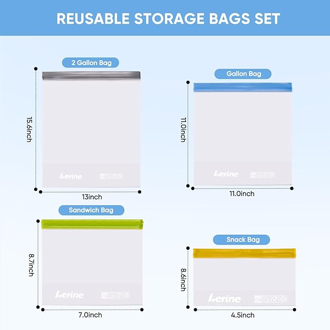 Lerine 10 Pack Stand-Up Reusable Snack Bags, Dishwasher Safe Leakproof Reusable Freezer Bags, BPA Free Food Storage Bags for Snacks, Meal Prep, Home Organization (Yellow)