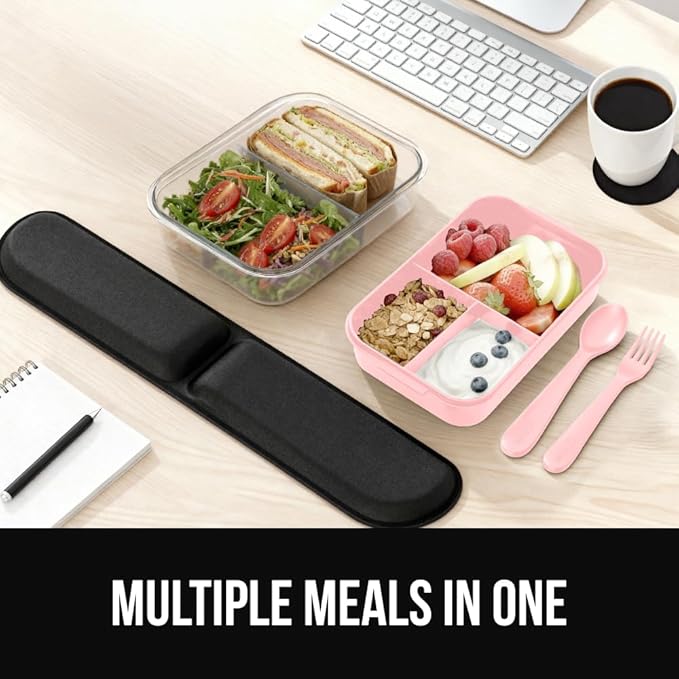 GORILLA GRIP BPA-Free Leakproof 5-Compartment Bento Lunch Box for Adults, Kids, Holds 10 Cups, Microwave Safe Hot and Cold Food Containers, Easy to Carry Lid Includes Built-In Utensils Set, Pink