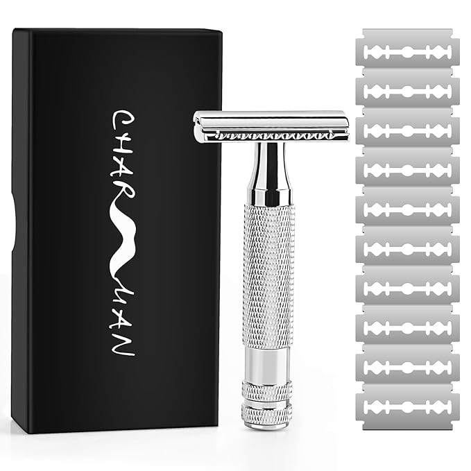 Classic Double Edge Safety Shaving Razor, Pure Copper Handle,1 Razor + 10 pcs Super Stainless Steel Blades