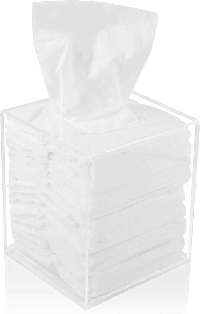 Acrylic Tissue Box Holder, Square Dispenser for Facial Tissues, Napkins, and Dryer Sheets. Perfect for Bathrooms, Desks, Countertops, Vanities, Bedrooms, and Nightstands (Square, Clear)