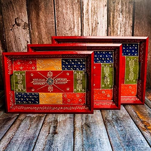 Swadeshi Blessings Hand-Painted Wooden Serving Tray Set of 3, Antique Red by SwadeshiBlessings