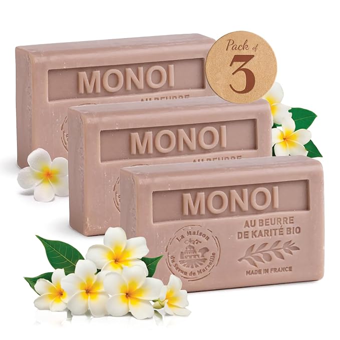Hand & Body Soap Bars Trio - Monoi Moisturizing French Soap with Organic Shea Butter - Rich Creamy Lather - 97% Natural Ingredients - Solid Bath Cleanser Made in Provence - 3x4.4 oz