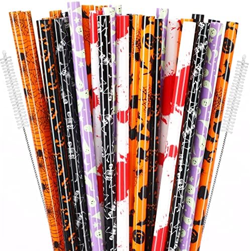 JANYUN 30 Pcs Halloween Straws 9inch Pumpkin Bat Skeleton Spider Printing by JANYUN