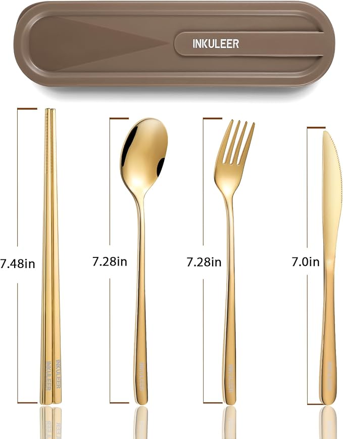 Travel cutlery set, 18/8 stainless steel cutlery, Reusable utensils set with case, Portable Silverware Lunch Box for Camping and Office (Rose Gold)