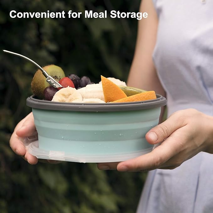 ColorCoral Camping Bowl with Lid Collapsible Silicone Bowl and Foldable Stainless Steel Fork for Travel and Camping Microvave and Fridge Food Storage Bowl from (1200ML)…