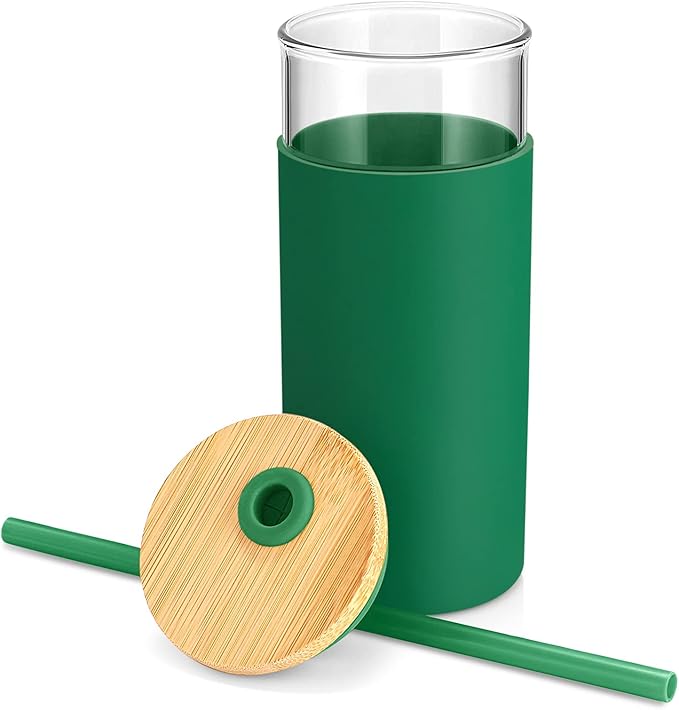 Tronco 20 oz Glass Tumbler with Lid and Straw, Iced Coffee Cup and Smoothie Cup with Bamboo Lids & Protective Silicone Sleeve, Dishwasher Safe, BPA-Free, Glass Cup 1 Pack