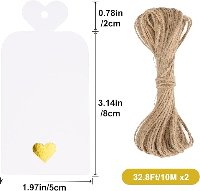 jijAcraft 100Pcs Blank Gift Tags with String, Gift Tags with Foil Gold Heart, 4x2Inch Large Hanging Tag, White Paper Labels for Party Favors, Cupcakes, DIY Crafts