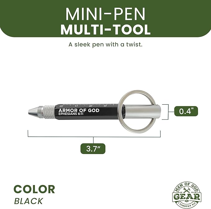 5-in-1 Mini Multitool Pen - Armor of God, Eph 6:11 Scripture - Dual Sided Mini Tool Keychain w/Ball Point Pen, Cm Ruler, Screwdriver Bits & More - Christian Pocket Tools For Men
