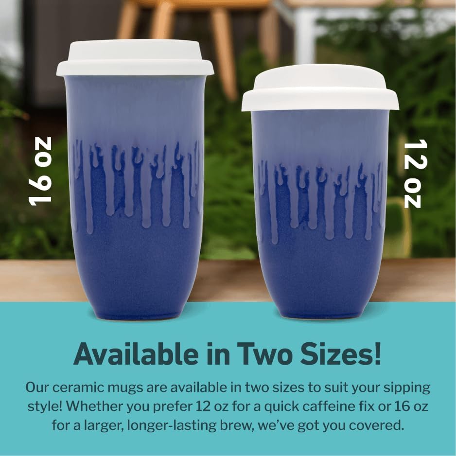 NOVA CERAMICS Ceramic Tumbler– Blue Ceramic Mug – Microwave & Dishwasher Safe Coffee White & Orange Tumbler - Leak-Proof Coffee Travel Mug – 12oz – Neptune - Image 5