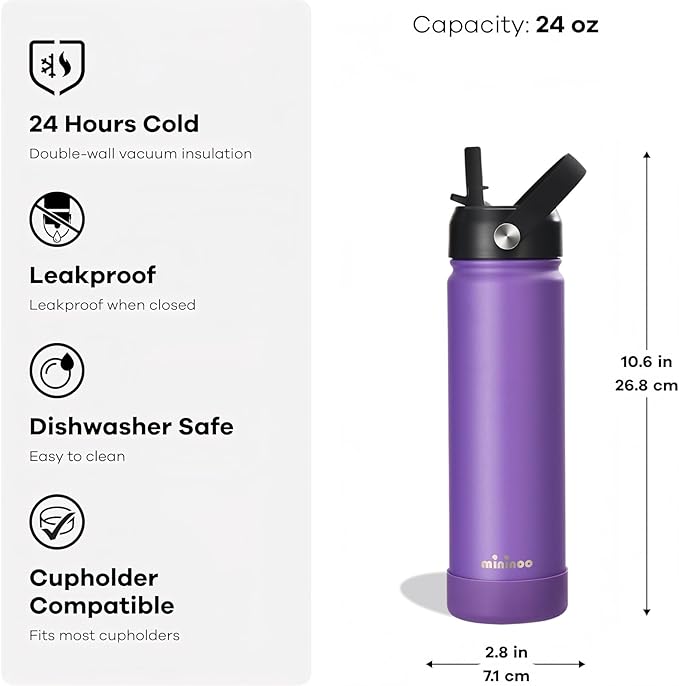 Insulated Stainless Steel Water Bottle with Straw, Ceramic-Lined, BPA-Free & Leak-Proof, 24 oz, Bright Violet